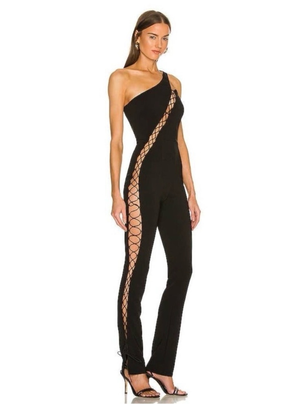 NWT Michael Costello x REVOLVE Essex Lace Up Jumpsuit Black One Shoulder medium